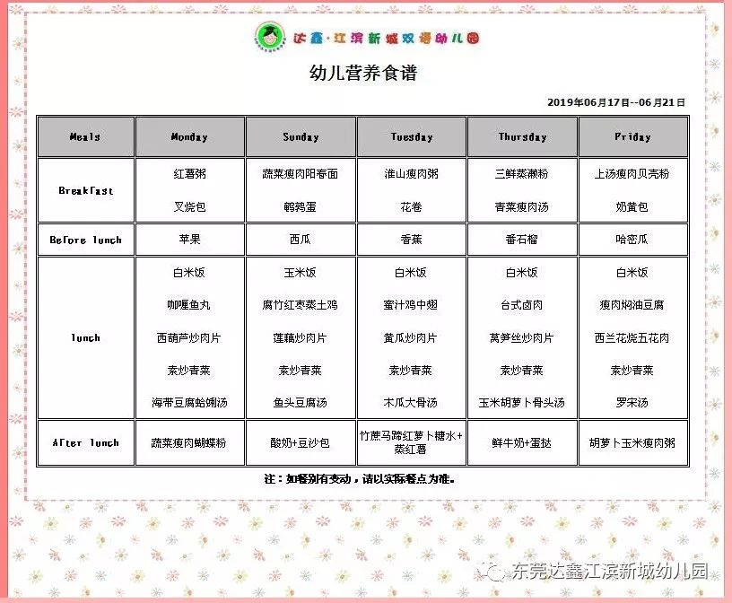 【达鑫江滨新城幼儿园】—— 今日美食(2019年06月20日)