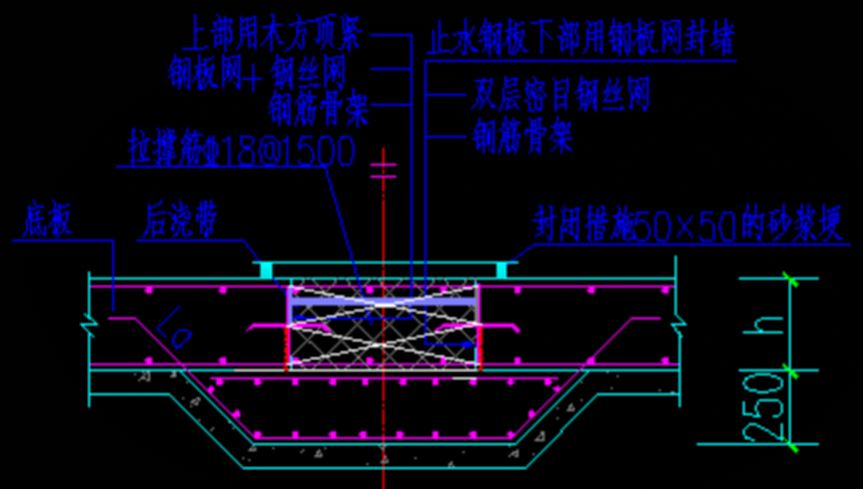 止水钢板上下分别焊接钢板网 钢丝网作侧模,焊接在钢筋骨架上;后浇带