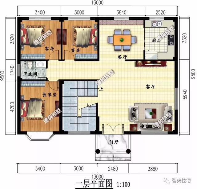 平面图:一层设有三室两厅一厨一卫;二层设有三室一厅两卫,主卧内配