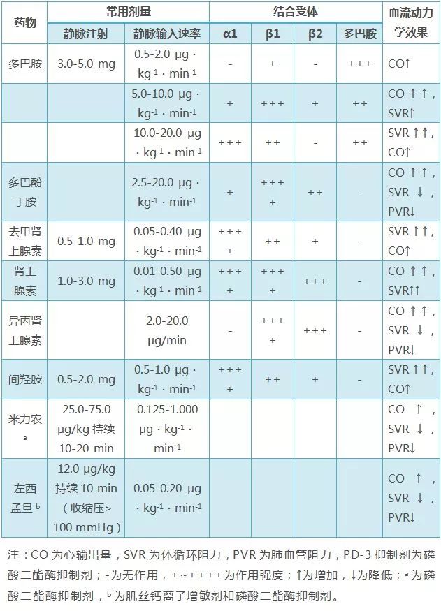 表3 心原性休克时常用血管活性药物的常用剂量,作用机制及血流动力学