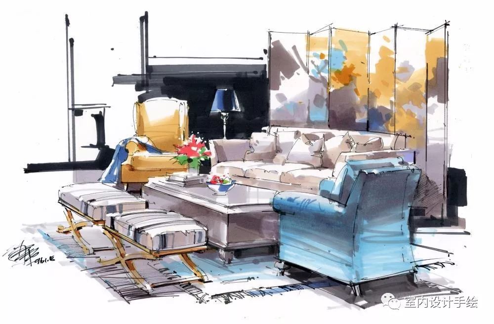 【手绘】不同家具沙发组合马克笔上色分享!