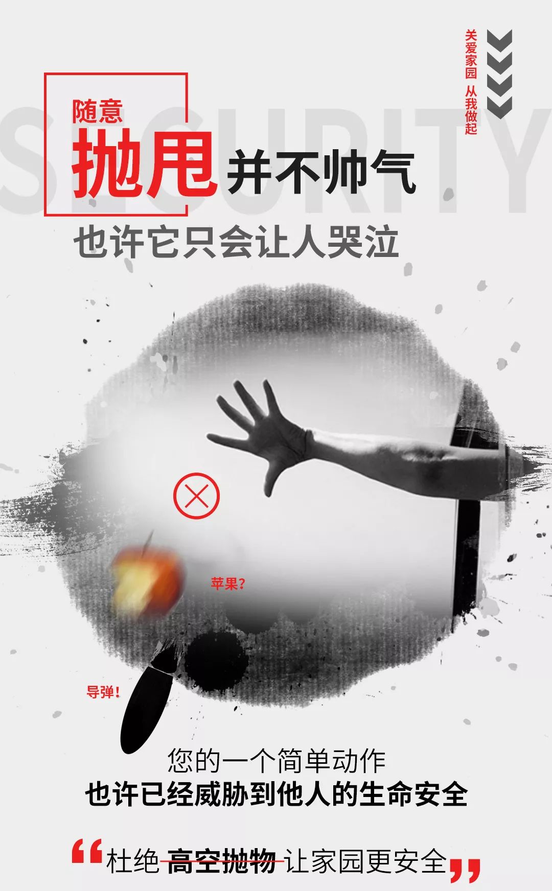 杜绝在员工中出现高空抛物行为;及时在小区进行宣传禁止高空抛物的