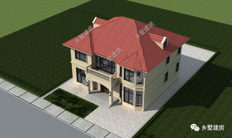 别墅立面图3:砖红色坡屋顶错落有致,时尚美观.