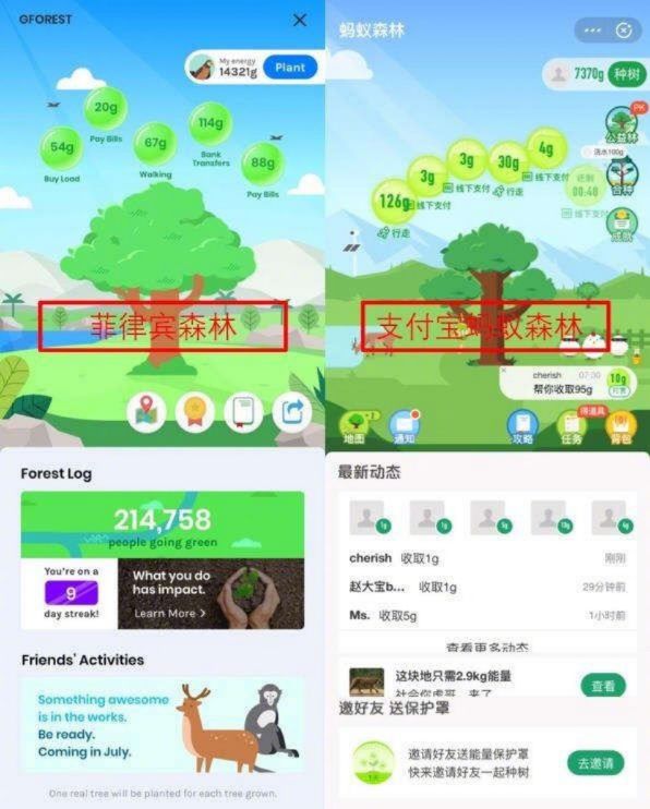 app截图,页面和功能都跟支付宝的蚂蚁森林非常相似,这款软件名叫gcash