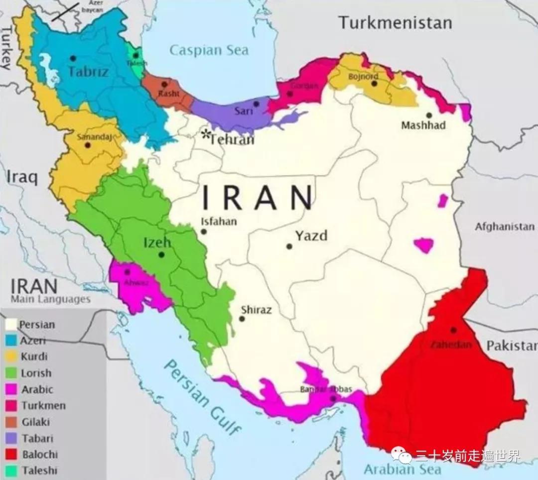 伊朗库尔德人分布图,橙色为库尔德人