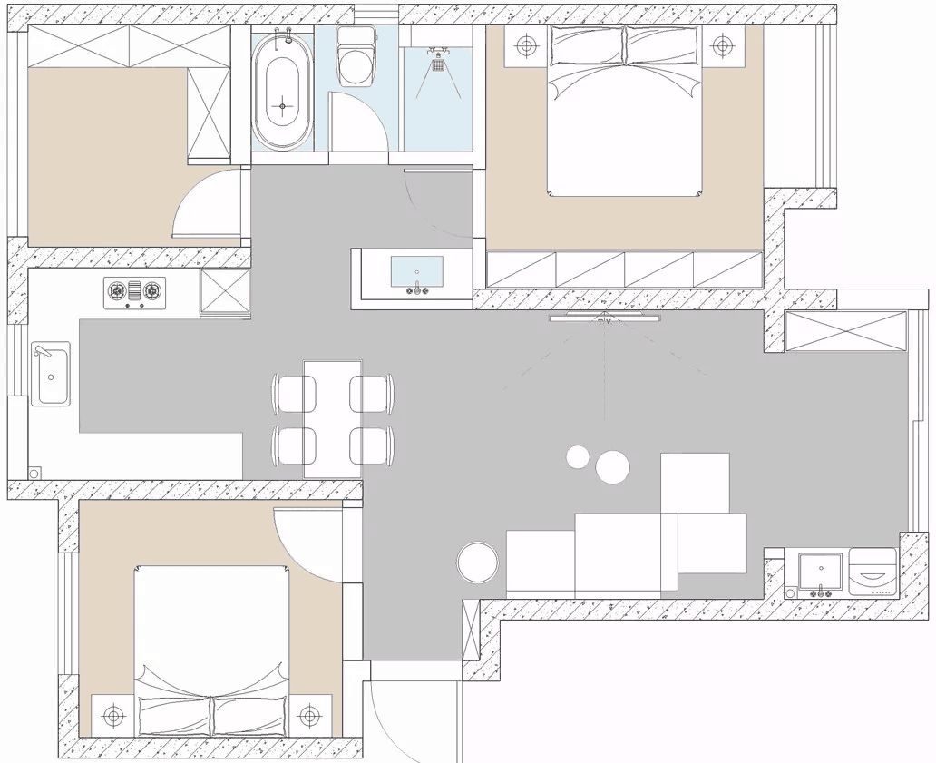 平面布置图 入户右侧与墙面对齐打造置顶鞋柜,左侧采用洞洞板作衣