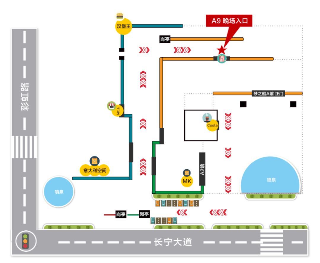 同时您将可以在商场外围找到若干路线指引牌