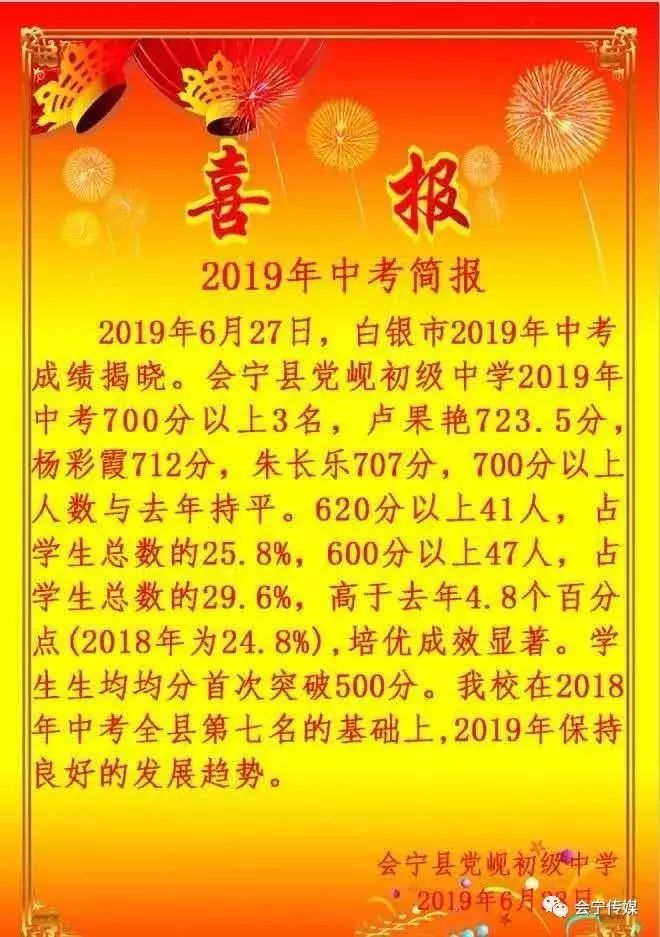 会宁部分中学中考喜报!会师中学700分以上99名同学
