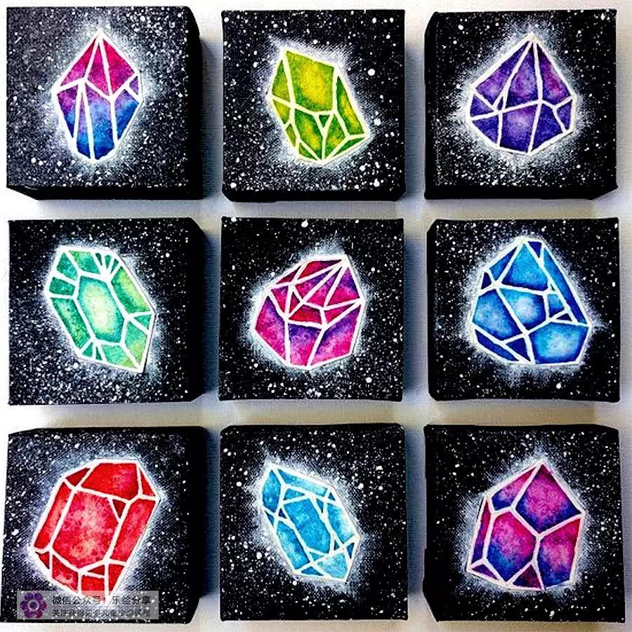 创意儿童画教程油画棒和水彩画璀璨的水晶宝石