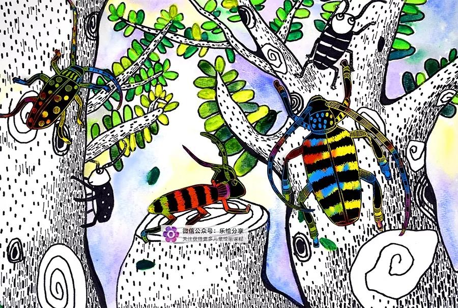 创意儿童画线描树林里的小精灵