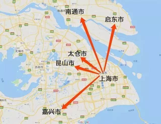 以空间距离来划分,50公里为界,环沪为启东,太仓,昆山,嘉善.