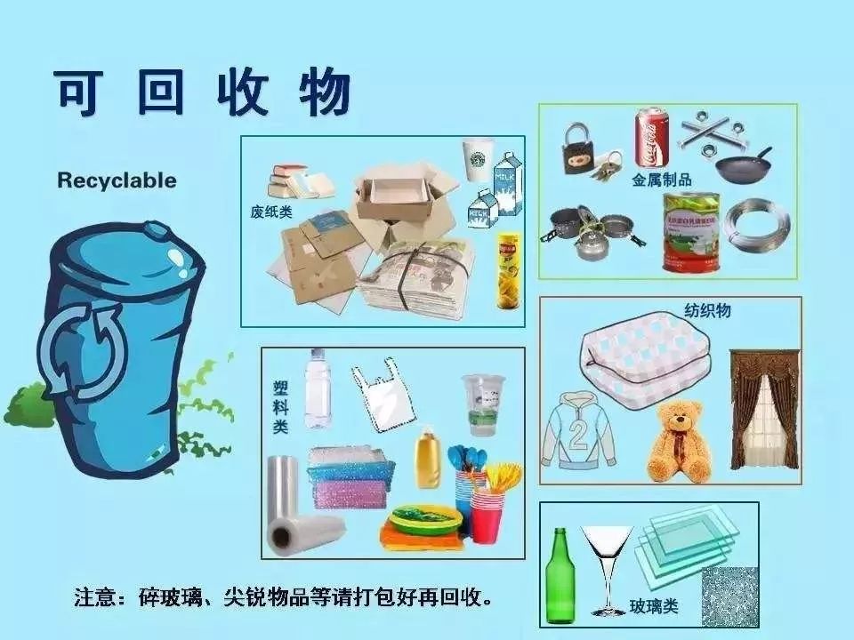 塑料(plastic),玻璃(glass),织物(textile),金属(metal)等 湿垃圾主要