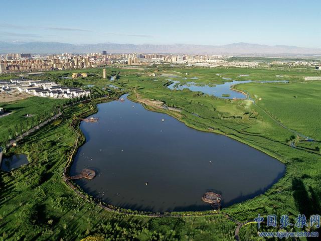 航拍仲夏张掖国家湿地公园秀美景色