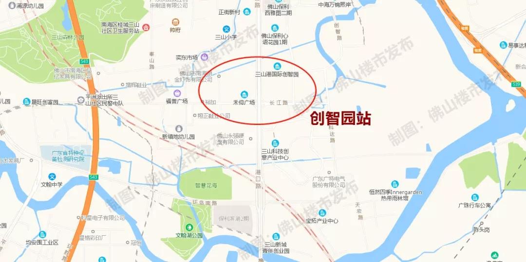 三山新城站位于港口路与三山大道交界处附近,换乘佛山地铁7号线(远期