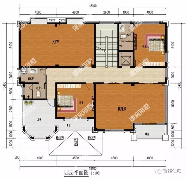 四层平面图:配有2间卧室备用,家庭式ktv,健身房,室外设观景露台和凉亭