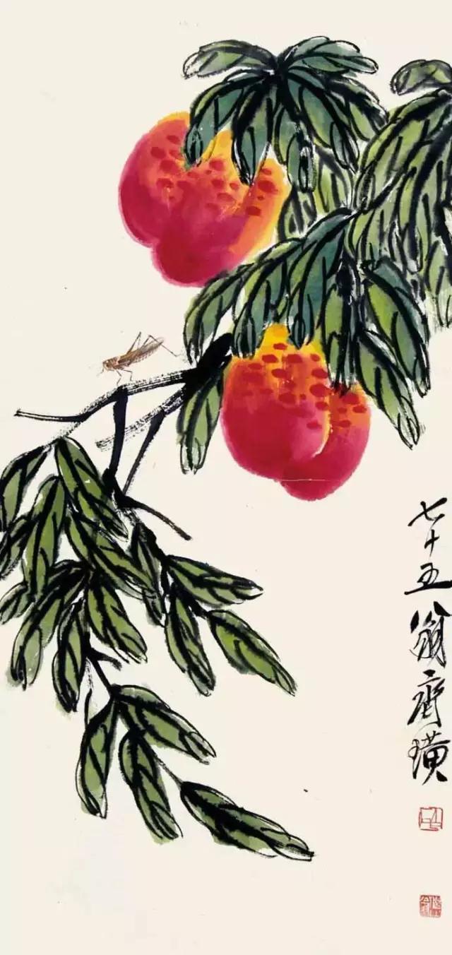 桃子——福寿吉祥  齐白石画桃,先以没骨大写意法直接用洋红泼写硕大