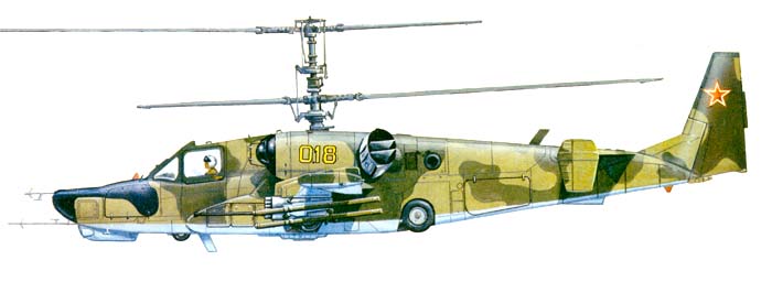 图——卡莫夫经典武装直升机卡-50的侧视图,从图中可以看出,其共轴双