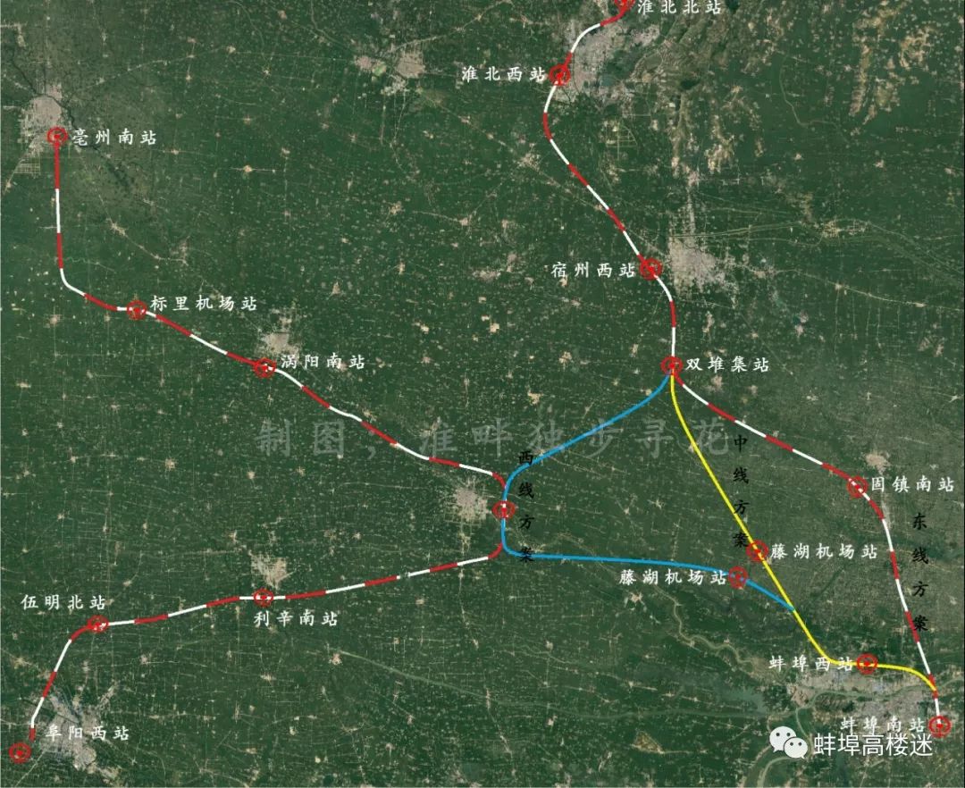 淮北北站引出经过双堆集站,改道至固镇南站后沿京沪铁路进入蚌埠南站