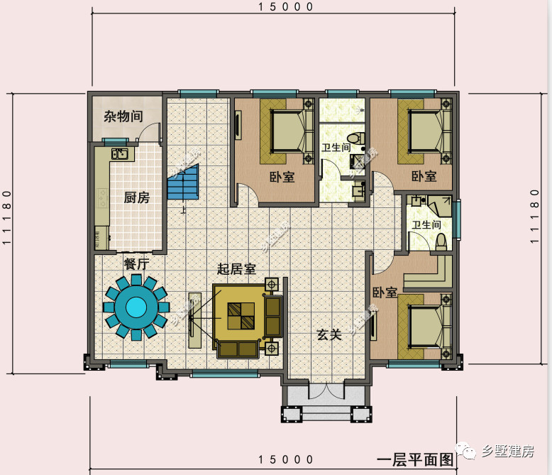 一层平面图:玄关,起居室,餐厅,厨房,杂物间,3卧室,卫生间.