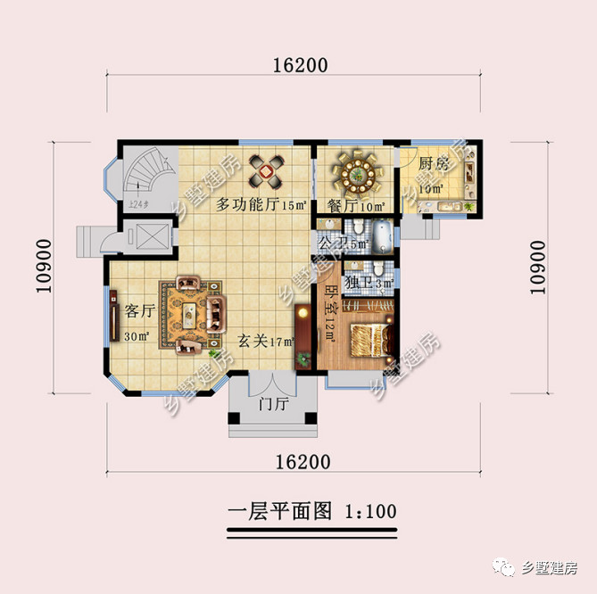 一层平面图:门厅,玄关,客厅,多功能厅,餐厅,厨房,卧室,卫生间.