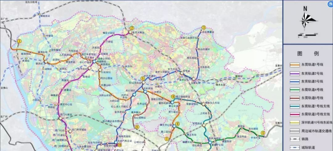 东莞市城市轨道交通规划方案由 1,2,3,4,5 号线 5 条骨干线路和 1 号