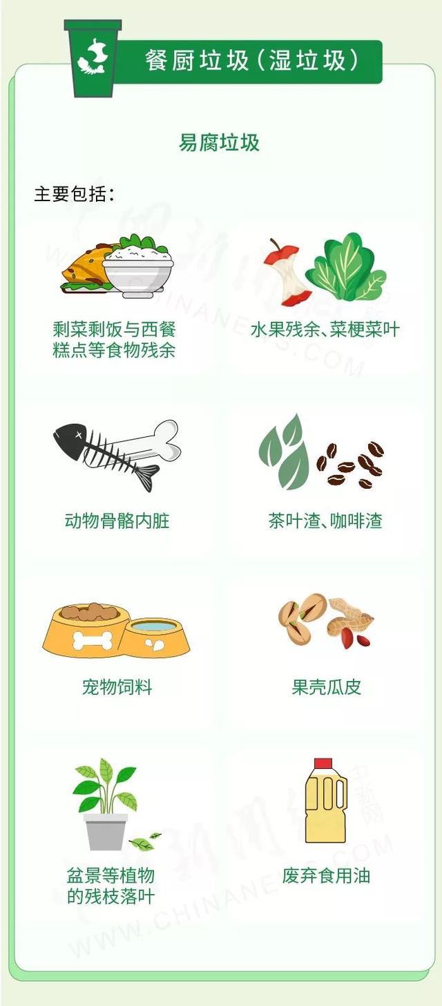 厨余垃圾(绿色桶):厨房产生的,如菜叶菜帮,剩饭剩菜,植物等.