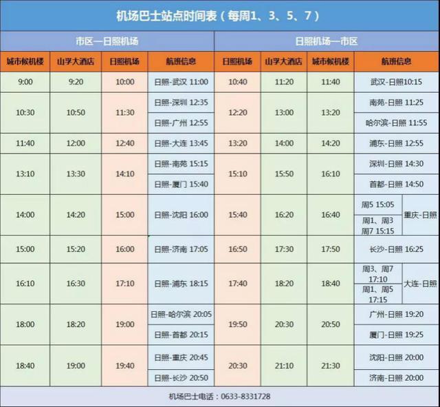 以及每周1357日照至济南,长沙至日照的航班对应的机场巴士,时刻也有