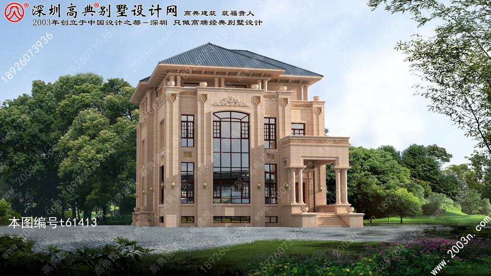 61413号别墅设计图纸规格介绍: 建筑面积:927.16平方米 欧式别墅外观设计, 三层别墅设计效果图