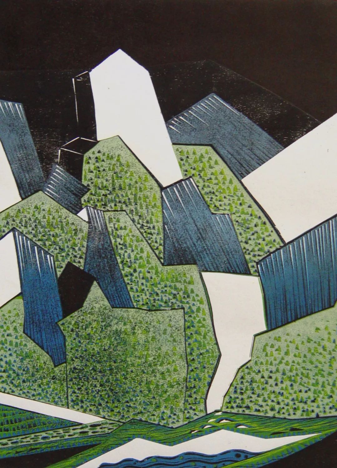绝版套色木刻 名称:《印象山水》  规格:40x30cm