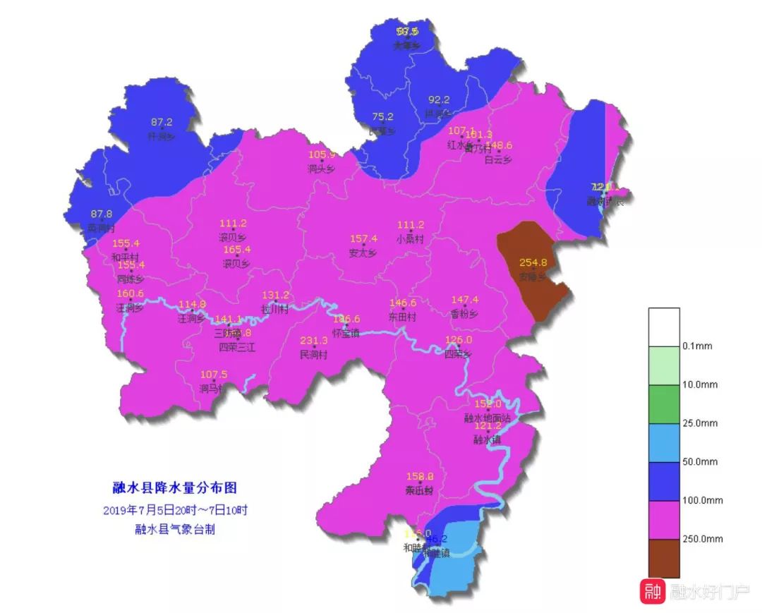 2019年7月5日20时-7日10时融水县雨量实况图