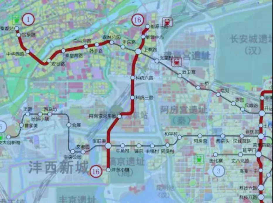 地铁12号线途径站点:大学城,高新区,市区西郊,沣东新城,跨渭河经秦汉