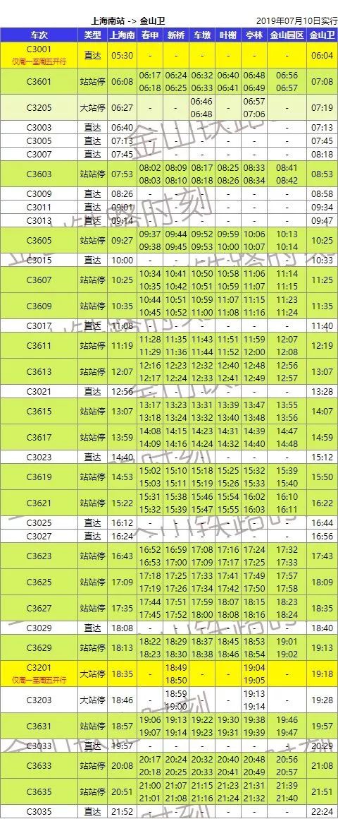 金山铁路最新时刻表