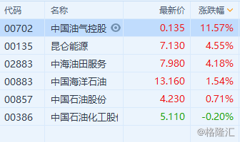 石油股普涨 中国油气控股(0702.HK)升逾11%领涨