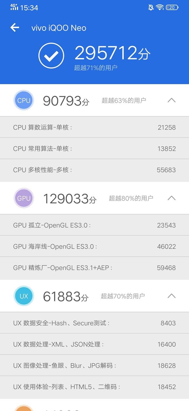 经过测试,iqoo neo的处理器跑分将近30万
