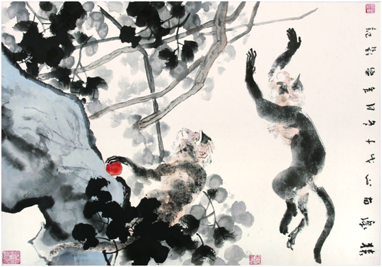 猿乐南山(95*66cm)2008介翁,本名刘秉贤,又号介山,常居万竹山房,以涉