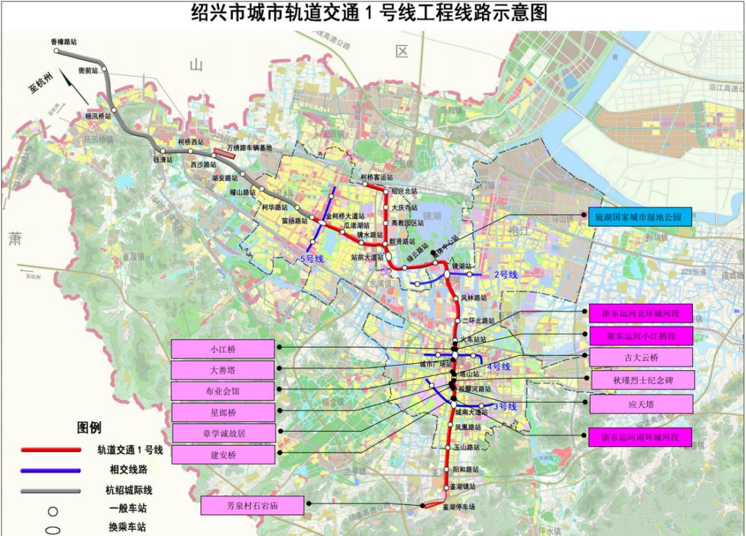 绍兴地铁1号线示意图,灰色线路为杭绍城际铁路/2018年报批环评版本