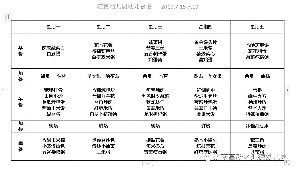 济南高新区汇德幼儿园下周幼儿食谱