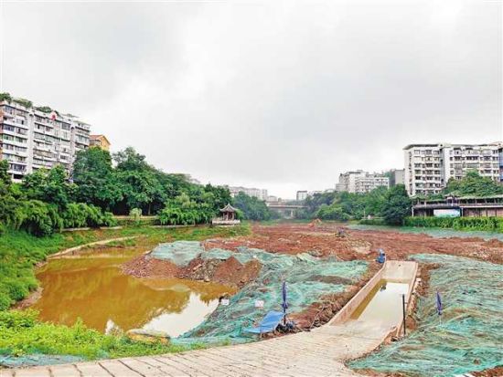 7月12日,渝北区双龙湖公园,几台机器正在对湖库进行覆土.