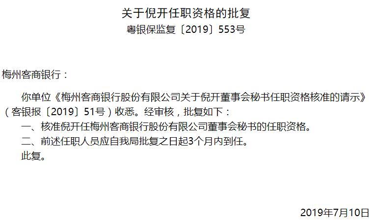 梅州客商银行董事会秘书倪开任职资格获批