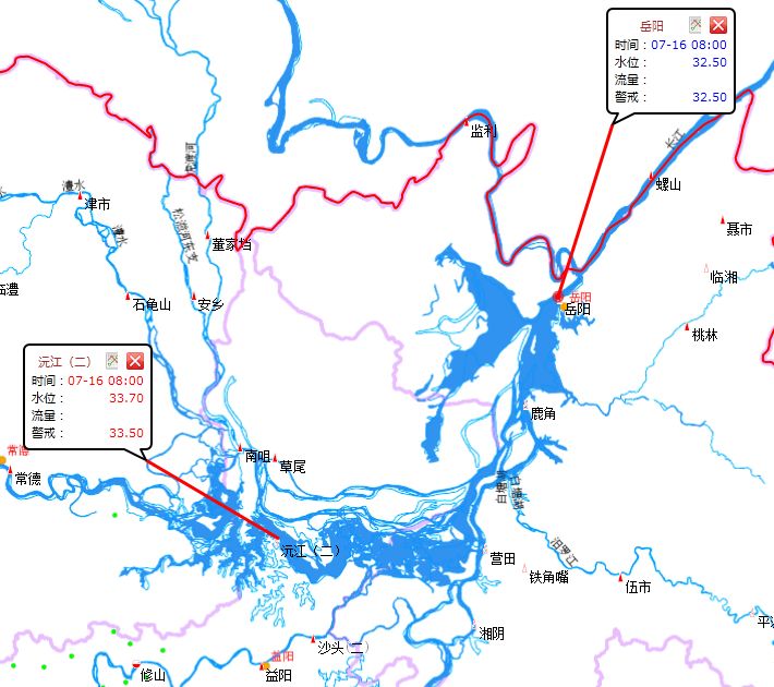 (2019-07-16 08:00) 湘江河段超警站点位置示意图 湘江超警站点实时