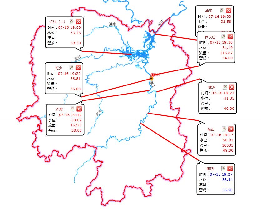 超警河道分布示意图 (2019年07月16日16时)  16日晚到17日白天:湘西