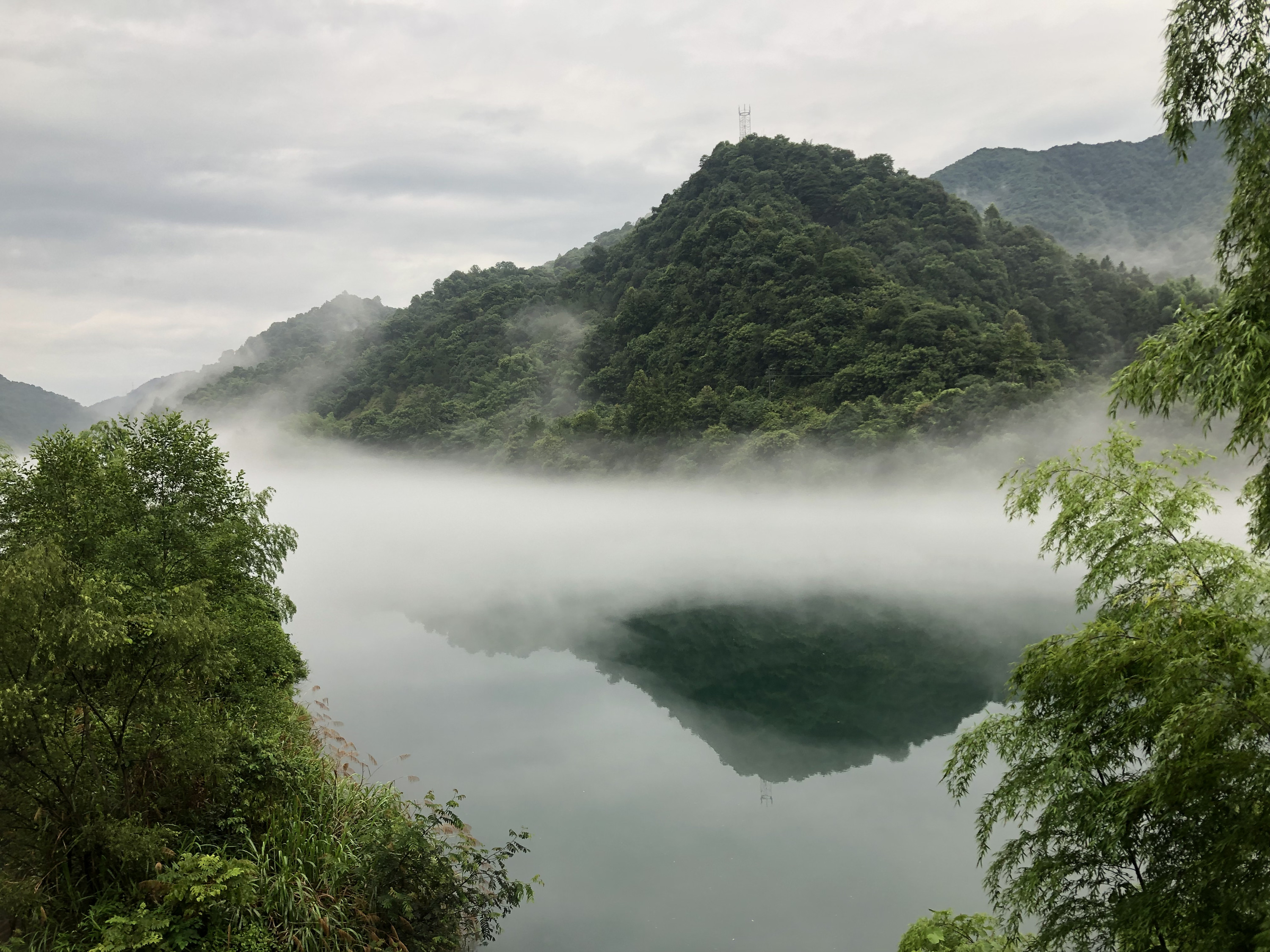 暑假去东江湖，每天都可见雾漫小东江，导游说遇见需缘是骗人