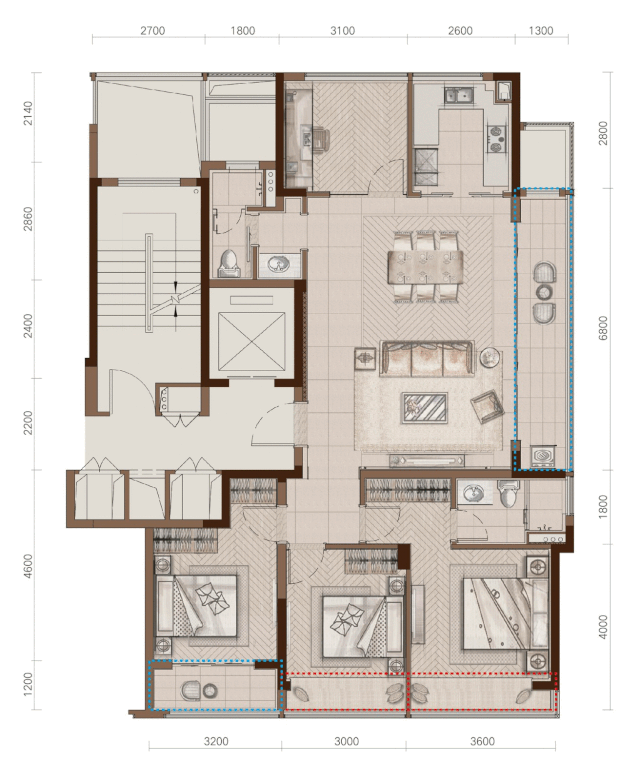 8米的长阳台,为超南的三个卧室设计了阳台,飘窗,更为难得的是,朝北的