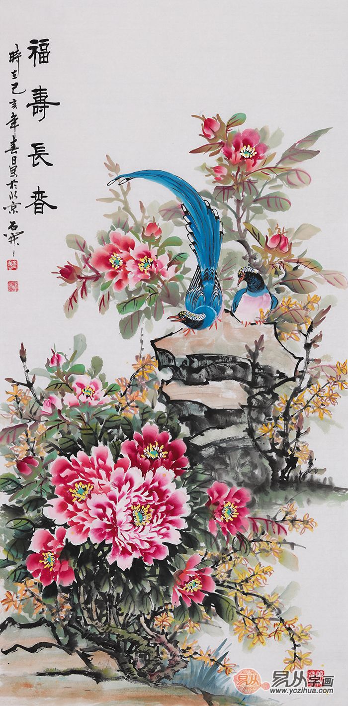 玄关处放什么字画好,手绘花鸟画带来的精致美感_牡丹