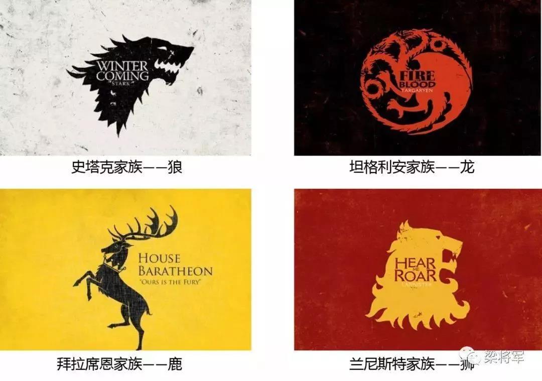 我们就拿你们热爱的 《权利的游戏》举例,里面的几大家族的族徽就是