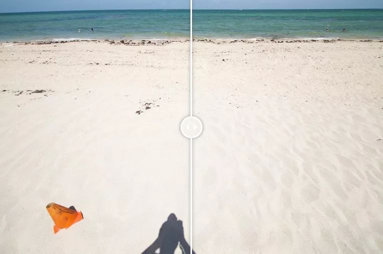 ▲拍摄正午海滩左无修正，右修正光斑对于超广角镜头来说，光斑始终是一