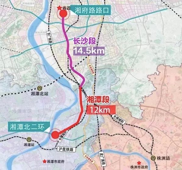 潭州大道起于长沙市西二环罗家嘴立交,两条道路均终于湘潭市北二环