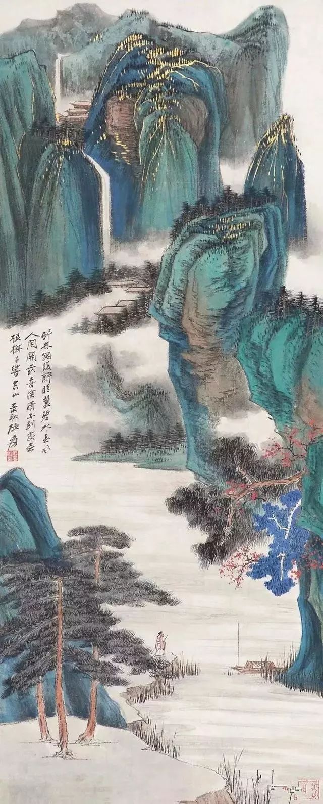 张大千的青绿山水画真消暑