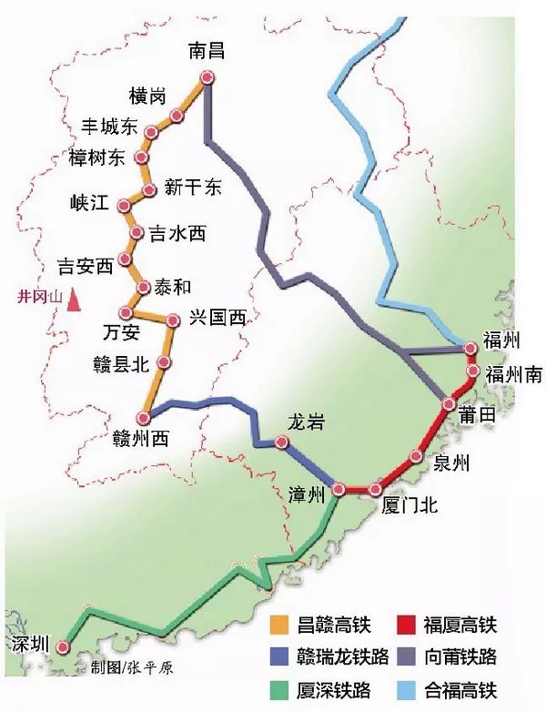 北部与向莆铁路,合福高铁衔接 待线路通车后 从厦门出发过龙岩,赣州