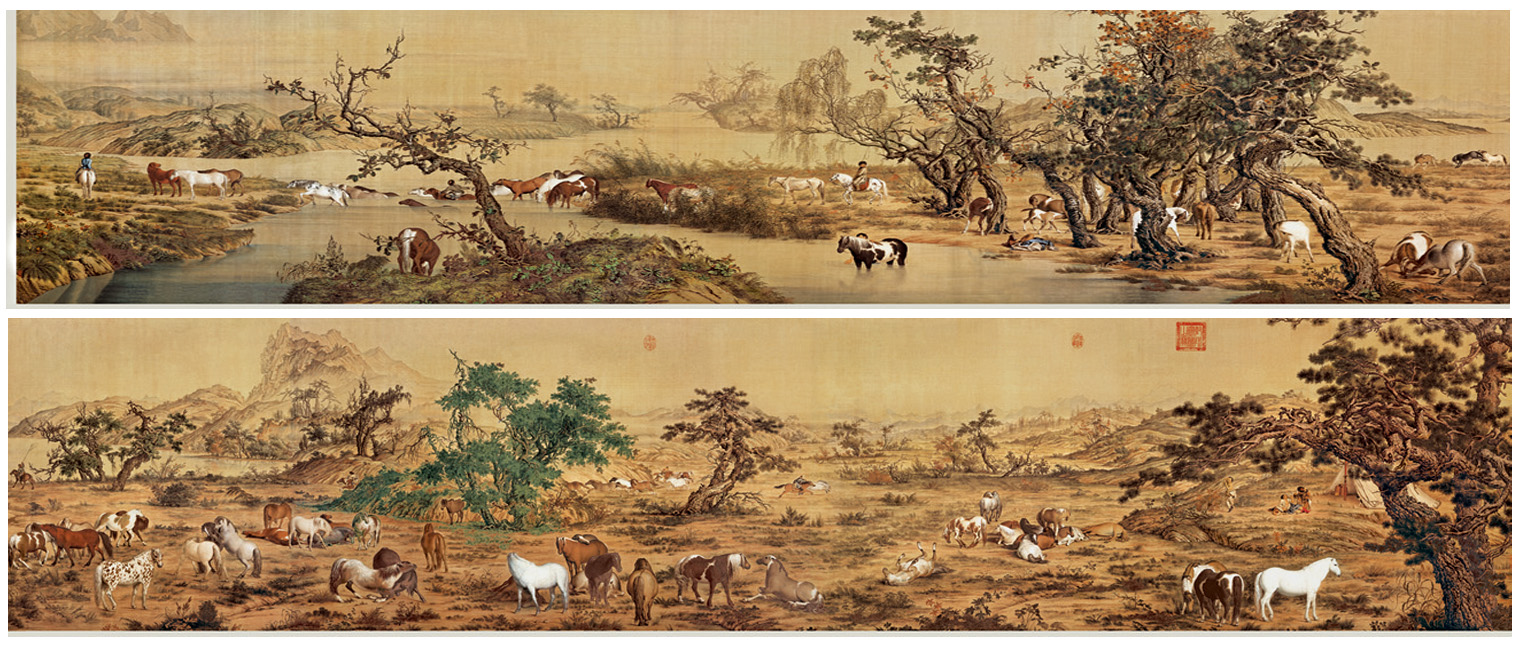 《百骏图,该稿本为纸质,纵102厘米,横813厘米,是清朝宫廷画师郎世宁